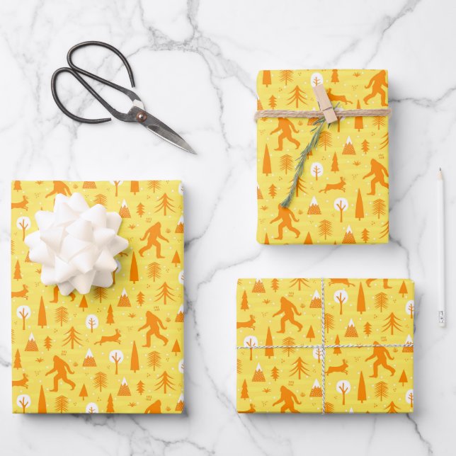 Bigfoot und Jackalope im Holzmuster YelOrg Geschenkpapier Set (Vorderseite)