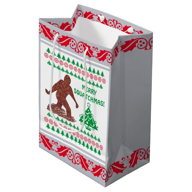Bigfoot Walking Sasquatch Silver Red Funny Mittlere Geschenktüte (Vorderseite Schrägansicht)