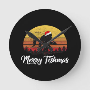 Bigfoot Weihnachten Santa Hut Fröhliche Fishmas Vi Runde Wanduhr