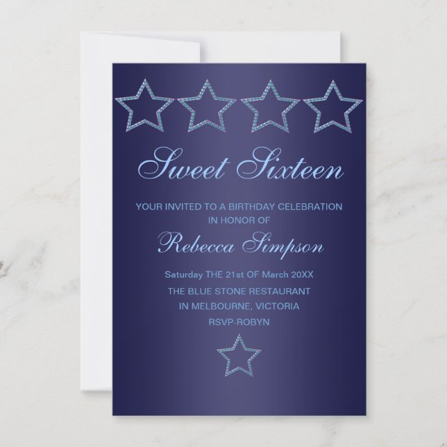 Bijou bleu Star Sweet 16 Invitation d'anniversaire (Devant)