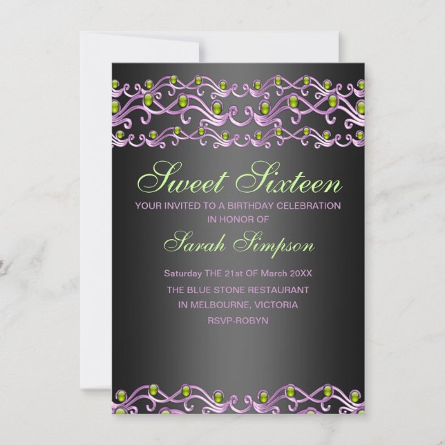 Bijou rose/vert Swirl Sweet 16 Invitation d'annive (Devant)