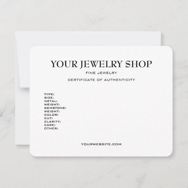 Bijoux Certificat d'authenticité Modèle (Devant)