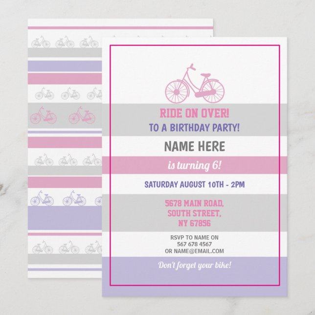 Bike Birthday Fahrradfahren Party Rosa Girls Einladung (Vorne/Hinten)