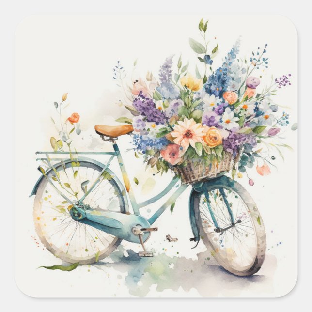 Bike mit Blume Quadratischer Aufkleber (Vorderseite)