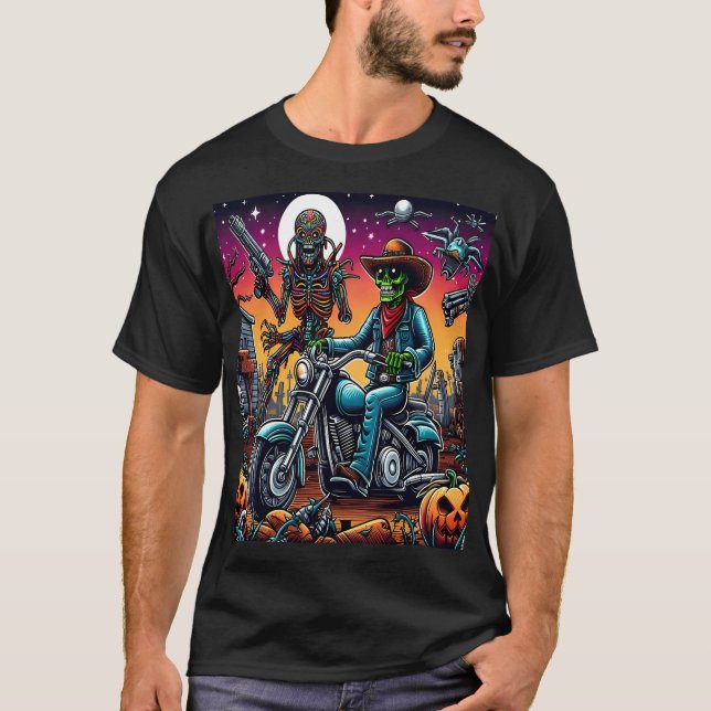 Biker and Alien in Haunted Cemetery T-Shirt (Vorderseite)