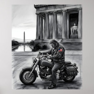 Biker at Lincoln Memorial Washington Monument Poster