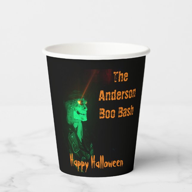 Biker Billy Halloween Skeleton Black & Orange Pappbecher (Rückseite)