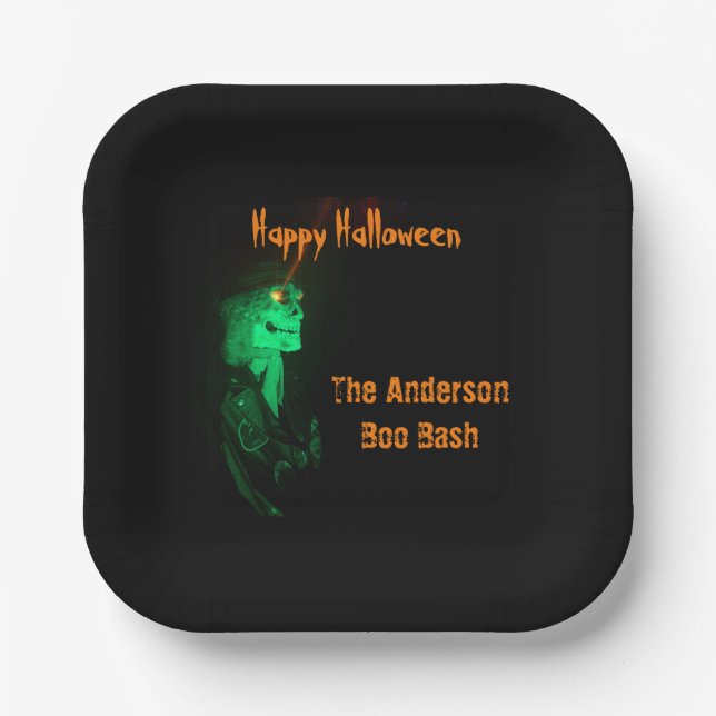 Biker Billy Halloween Skeleton Black & Orange Pappteller (Vorderseite)