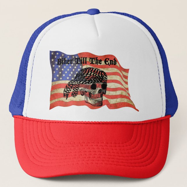 Biker bis zum Ende Schädel USA Flag Kunst Truckerkappe (Vorderseite)