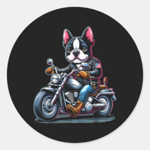 Biker Boston Terrier Hund fährt Motorrad Runder Aufkleber
