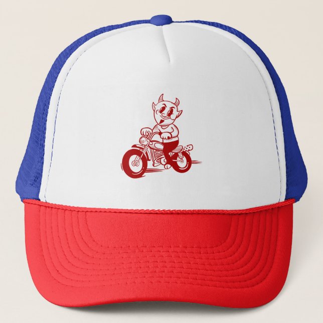 Biker Cartoon Trucker Hat - Red, White & Blue Truckerkappe (Vorderseite)