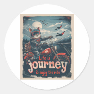 Biker Cat Adventure Runder Aufkleber
