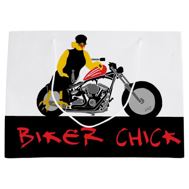 BIKER CHICK sitzt auf ihrem Motorrad Große Geschenktüte (Vorderseite)