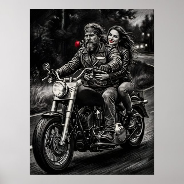 Biker Couple Motorcycle Night Ride Romance  Poster (Vorne)