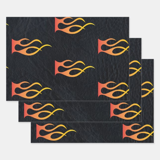 Biker-Flamme auf Imitaten Black Leather Motorrad Geschenkpapier Set (Set)