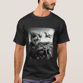 Biker-Katze-Dinosaurier-Verfolgungsjagd-Lustige-Mo T-Shirt