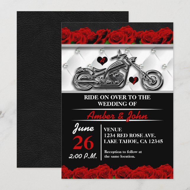Biker Motorrad Leder Rose Hochzeit Einladungen (Vorne/Hinten)