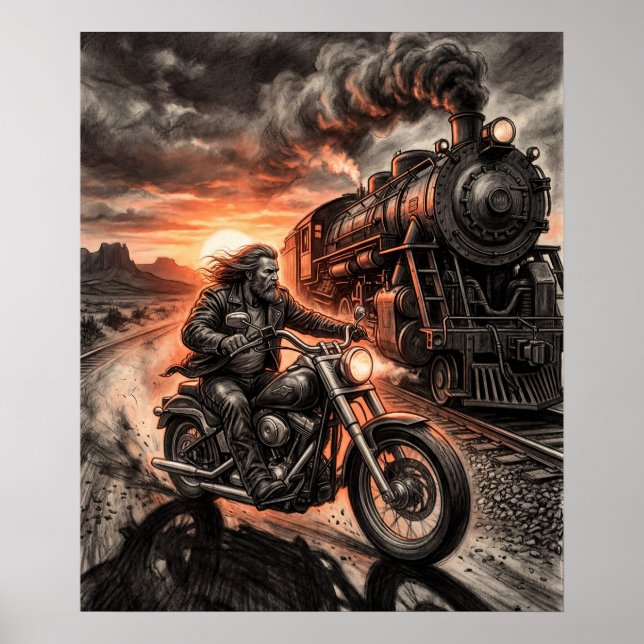 Biker Races Steam Train Desert Sunset Charcoal Art Poster (Vorne)