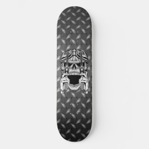 Biker Skull Two Revolvers Diamond Plate Skateboard