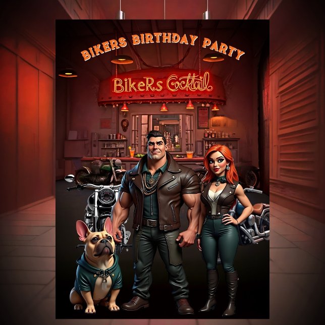 Bikers Bar Birthday Party Couple Muscle Bulldog  Einladung (Von Creator hochgeladen)