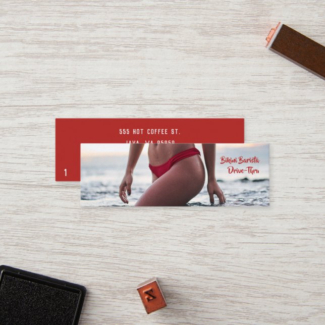 Bikini-Bauch Barista Kaffee horizontal Treuekarte (Vorderseite/Rückseite Beispiel)