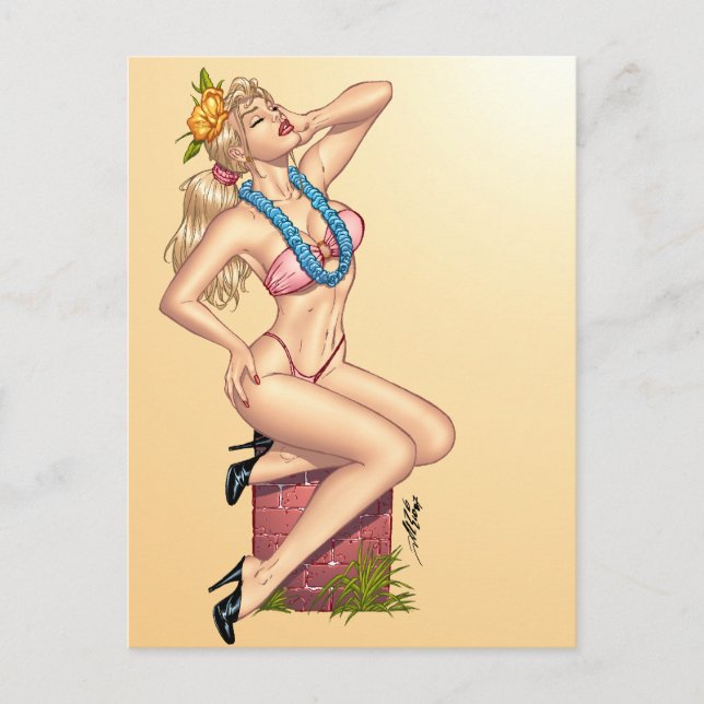 Bikini Blond Button-up Girl mit Blume von Al Rio Postkarte (Vorderseite)