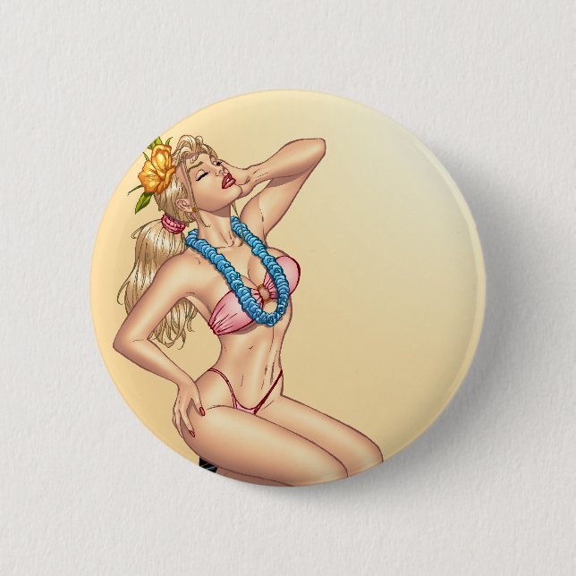 Bikini blondes Button-oben Mädchen mit Blumen Button (Vorderseite)