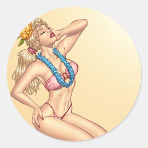 Bikini blondes Button-oben Mädchen mit Blumen Runder Aufkleber