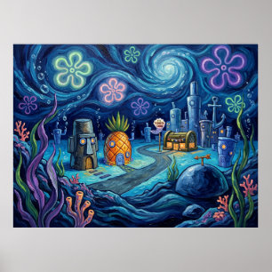 Bikini Bottom Sternennacht Unterwasserlandschaft Poster