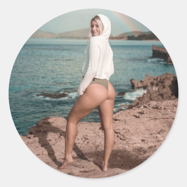 Bikini Girl Foto Postkarte Runder Aufkleber (Vorderseite)