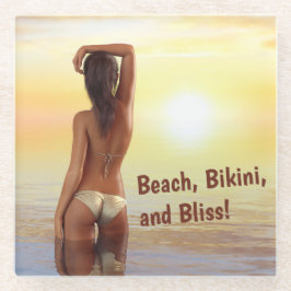 Bikini Girl Posing im Meer bei Sonnenuntergang Glasuntersetzer