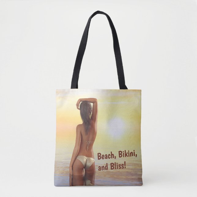 Bikini Girl Posing im Meer bei Sonnenuntergang Tasche (Vorderseite)