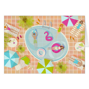 Bikini-Girls und Typ spielen Schwimmbadspiel