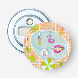 Bikini-Girls und Typ spielen Schwimmbadspiel Flaschenöffner
