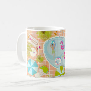 Bikini-Girls und Typ spielen Schwimmbadspiel Kaffeetasse