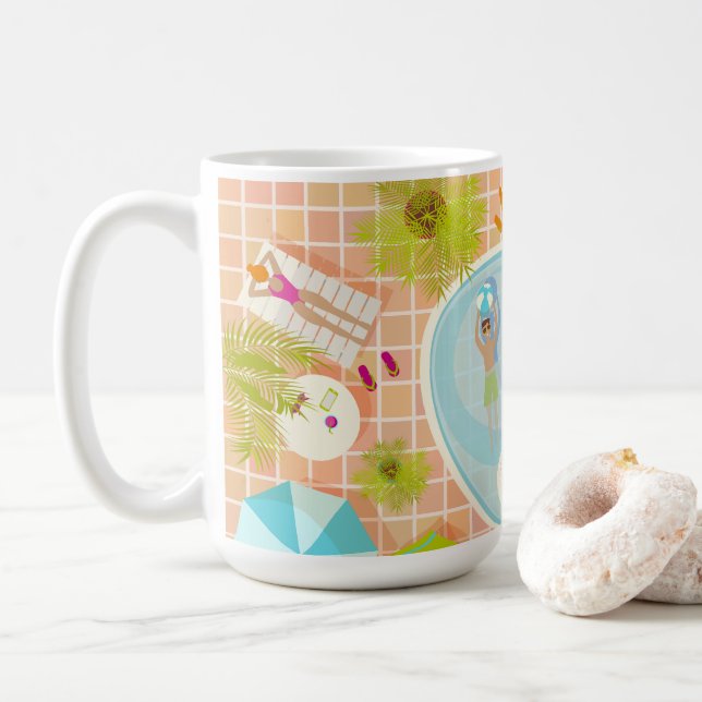 Bikini-Girls und Typ spielen Schwimmbadspiel Kaffeetasse (Mit Donut)