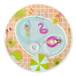 Bikini-Girls und Typ spielen Schwimmbadspiel Keramikknauf
