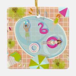 Bikini-Girls und Typ spielen Schwimmbadspiel Keramikornament