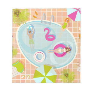 Bikini-Girls und Typ spielen Schwimmbadspiel Notizblock