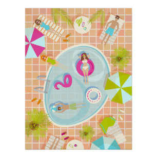 Bikini-Girls und Typ spielen Schwimmbadspiel Poster