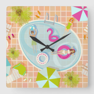 Bikini-Girls und Typ spielen Schwimmbadspiel Quadratische Wanduhr