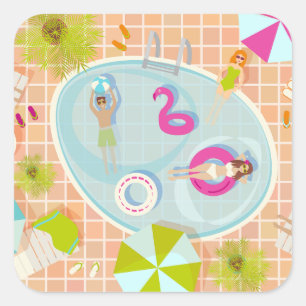 Bikini-Girls und Typ spielen Schwimmbadspiel Quadratischer Aufkleber