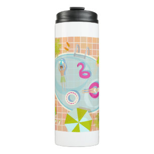 Bikini-Girls und Typ spielen Schwimmbadspiel Thermosbecher