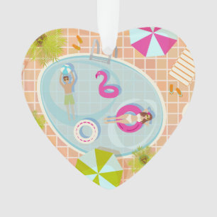 Bikinimädchen und Junge spielen Schwimmbadspiel Ornament