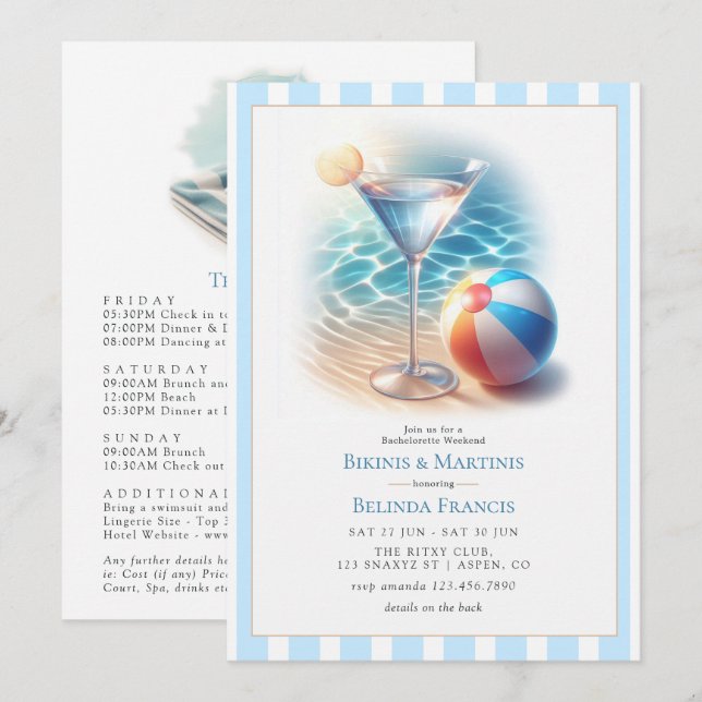 Bikinis and Martinis Bachelorette Weekend Einladung (Vorne/Hinten)