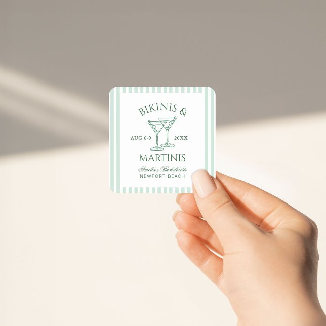 Bikinis & Martinis Green Bachelorette Wochenende Quadratischer Aufkleber (Von Creator hochgeladen)