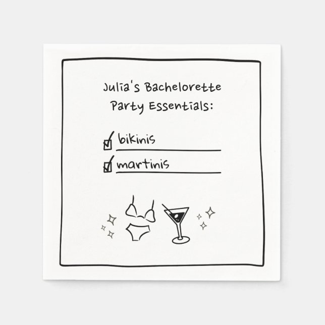 Bikinis & Martinis Handgeschriebener Junggeselinne Serviette (Vorderseite)