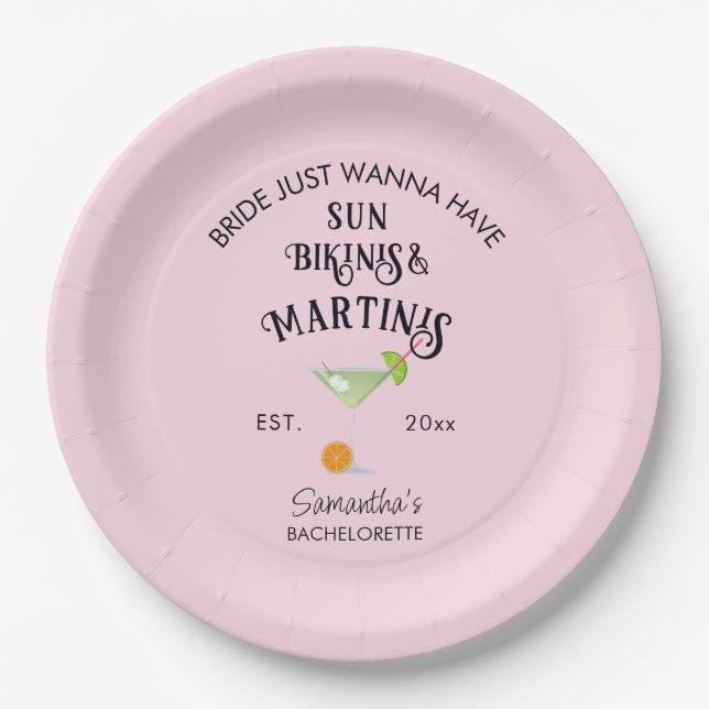 Bikinis & Martinis Tropical Pool Hen Bachelorette Pappteller (Vorderseite)