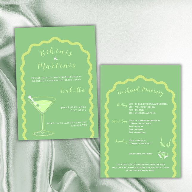 Bikinis und Martinis Green Bachelorette Weekend Einladung (bikinis and martinis bachelorette party invitation yellow and green weekend itinerary)