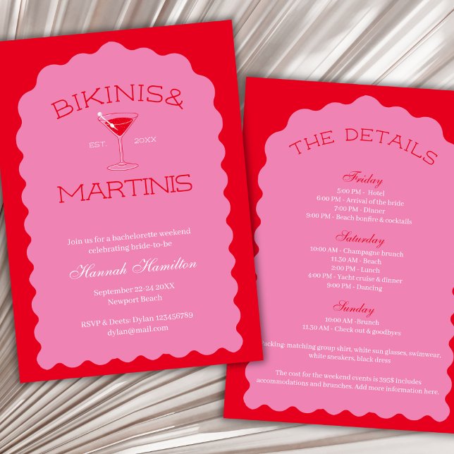 Bikinis und Martinis kühne rosa und rote Bachelore Einladung (Bikinis And Martinis Bold Pink & Red Bachelorette Invitation)